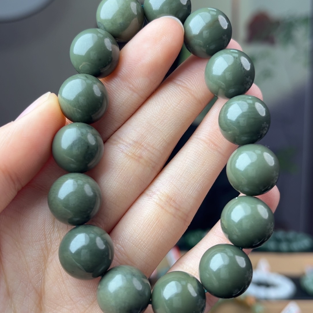 和田玉手链未镶嵌手串纯天然新疆沙枣青14mm