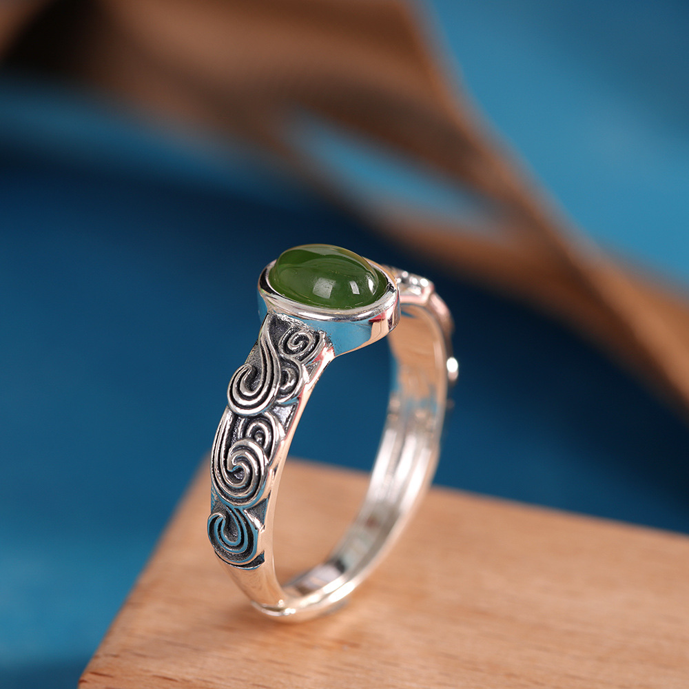 S925银镶和田玉戒指文艺复古做旧海浪纹开口古风女指环