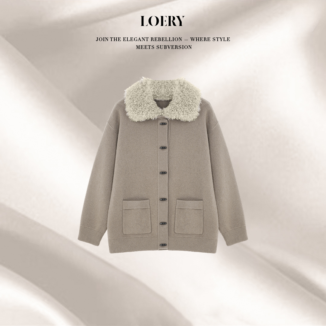 LOERY【北岛漫游编号272】羊绒毛领牛角扣奢柔羊毛针织衫-115028