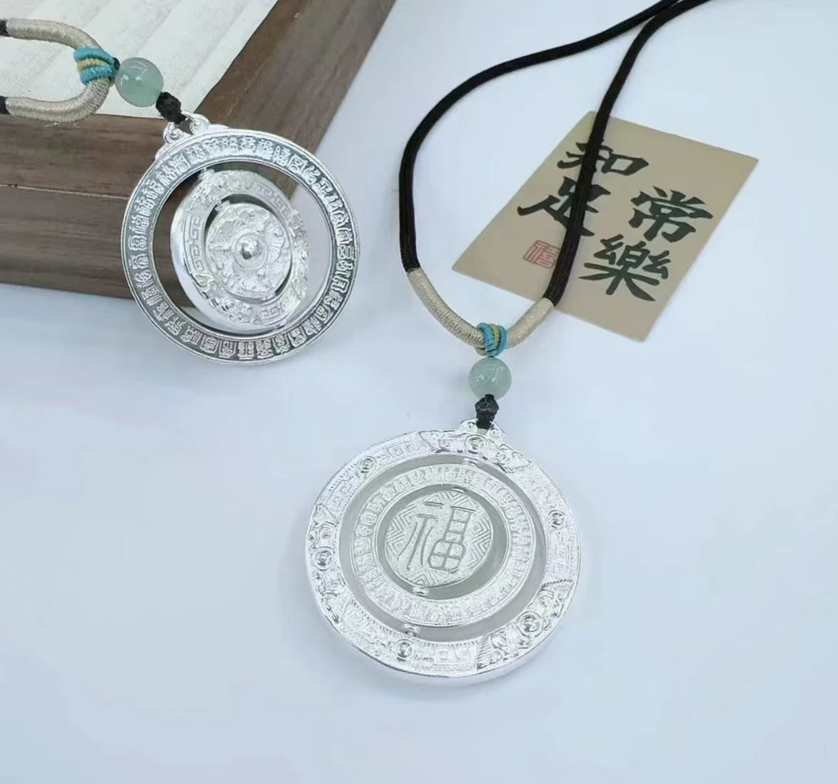 吊坠足银 足银9999时来运转时尚精美八宝罗盘旋转吊坠银项链项坠