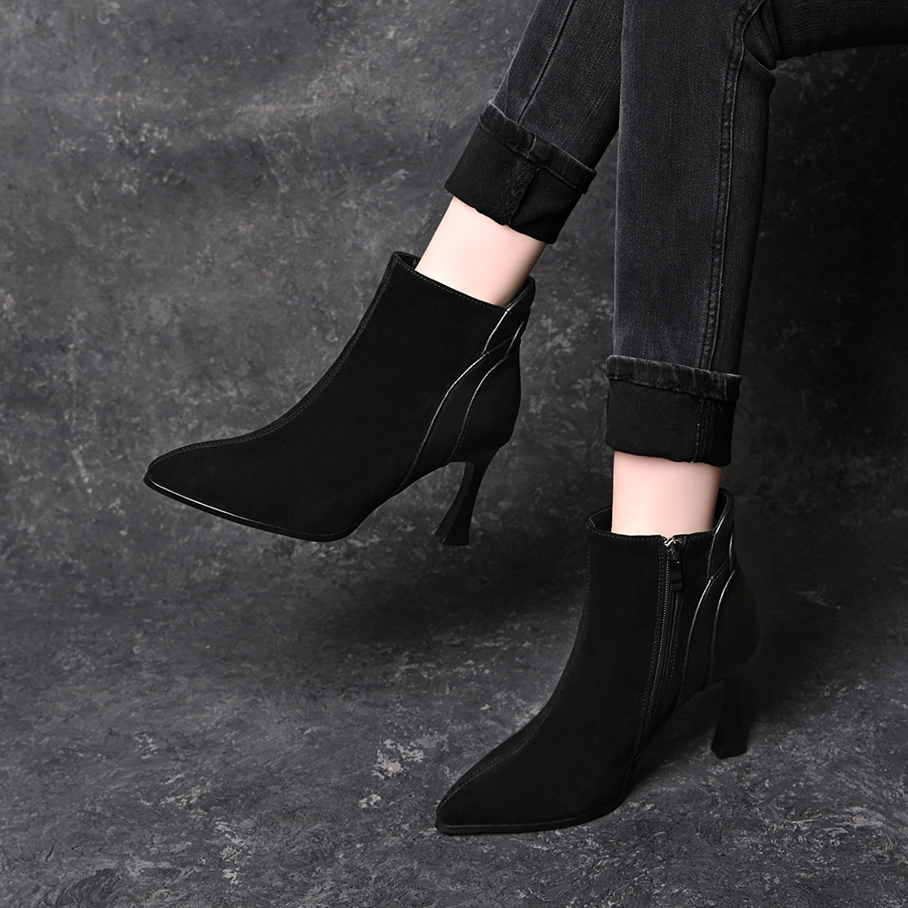 真皮羊皮尖头细高跟侧拉链短靴女2025秋冬新款拼接百搭通勤瘦瘦靴
