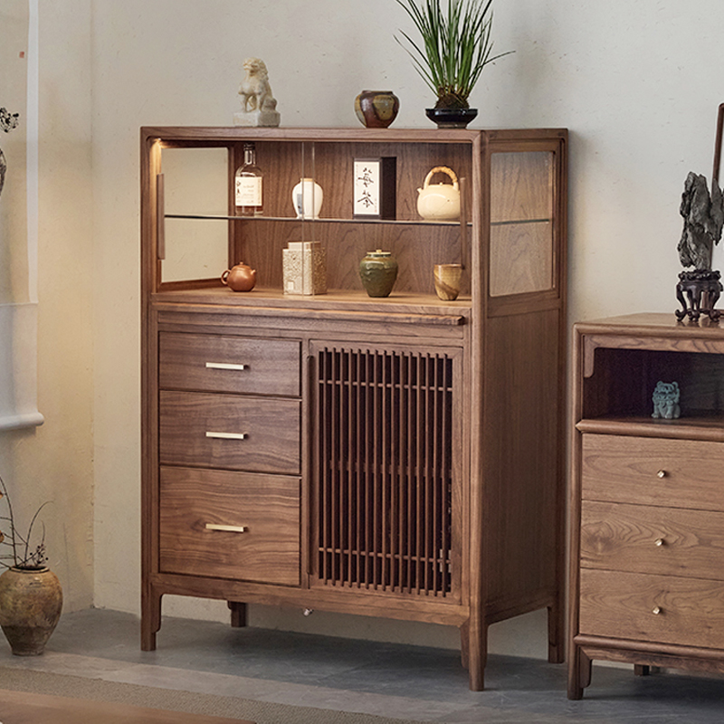 新中式黑胡桃木矮柜茶柜实木边柜小书柜博古架阳台宋式储物柜酒柜