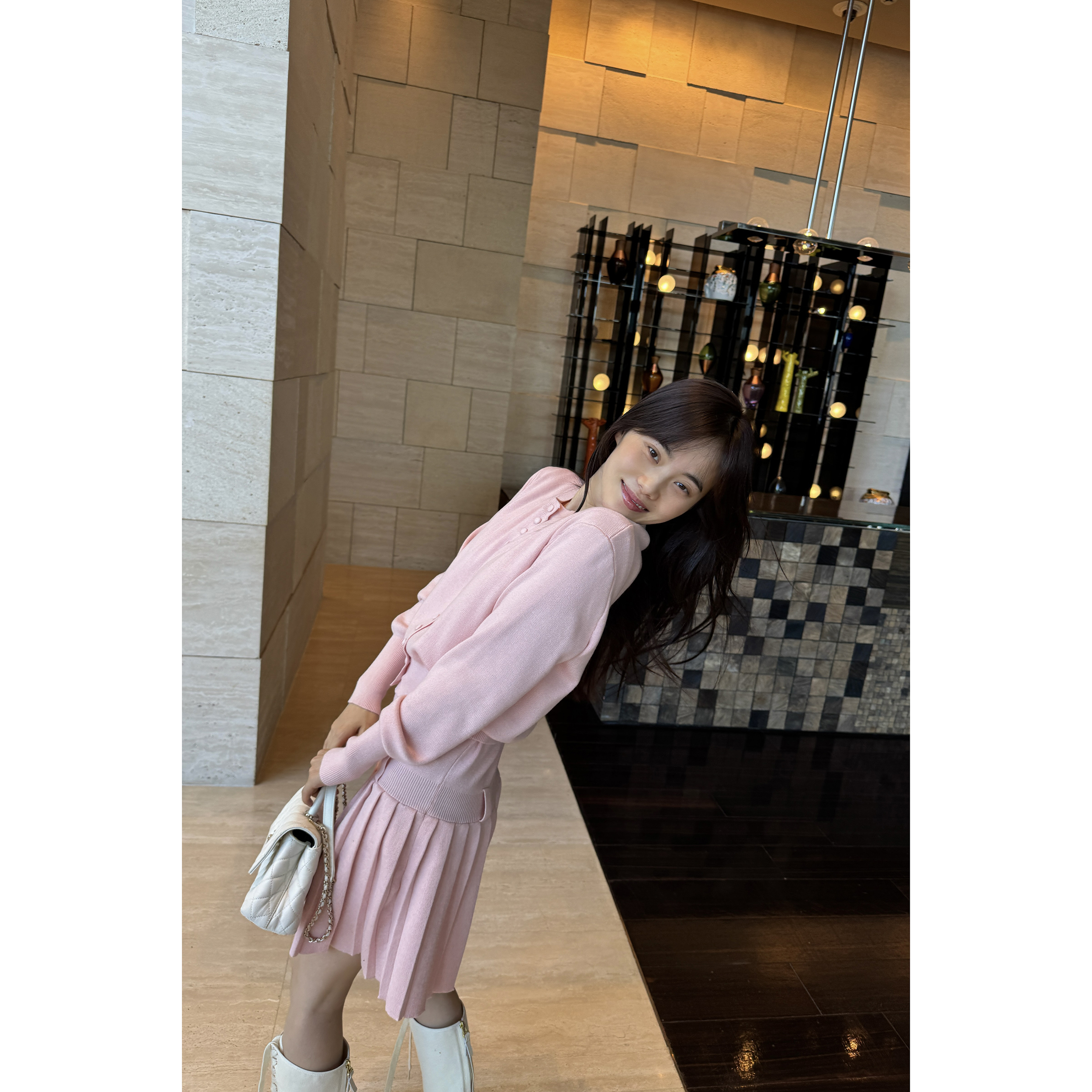 JINGDL【蜜桃气泡水】6%丝光羊毛甜美针织外搭无袖百褶连衣裙套装