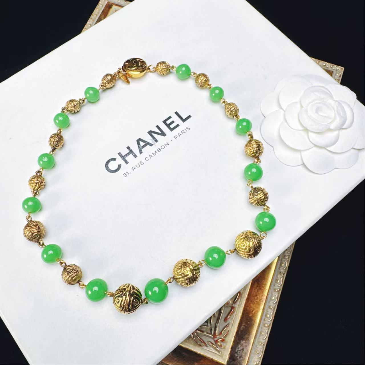 95新 Chanel/香奈儿 柚礼中古/香奈儿彩釉绿琉璃项链le511006