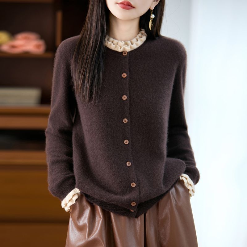 正品撤柜精纺羊毛衫木耳花边针织开衫秋冬新款洋气减龄外套上衣