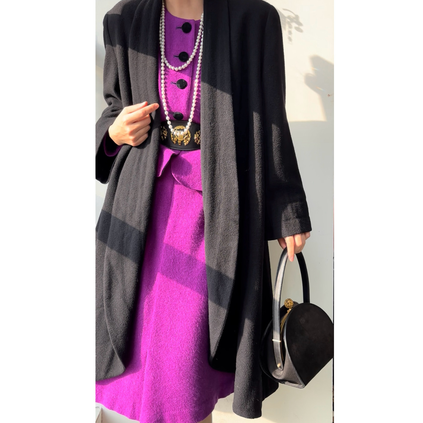 古着Vintage｜秋冬黑色中长款大衣无扣款气质百搭中长款