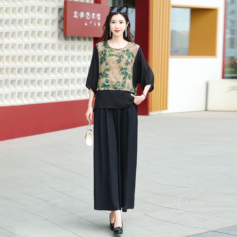 时尚妈妈夏装套装大码短袖上衣中老年女装高贵洋气阔腿裤两件套