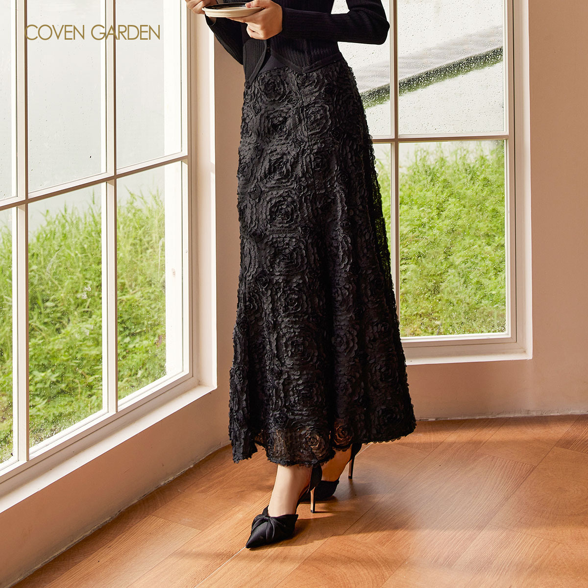 【哥文花园】网纱半身裙2025冬季新款中长款重工A字裙CSA4077320