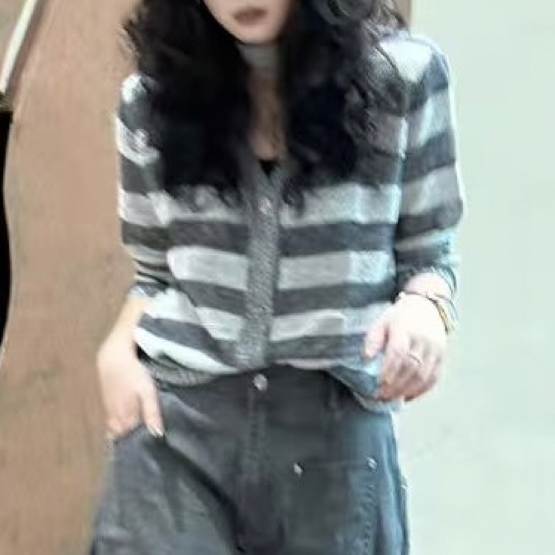 条纹宽松毛针织衫撞色针织格子开衫款秋季春季上衣