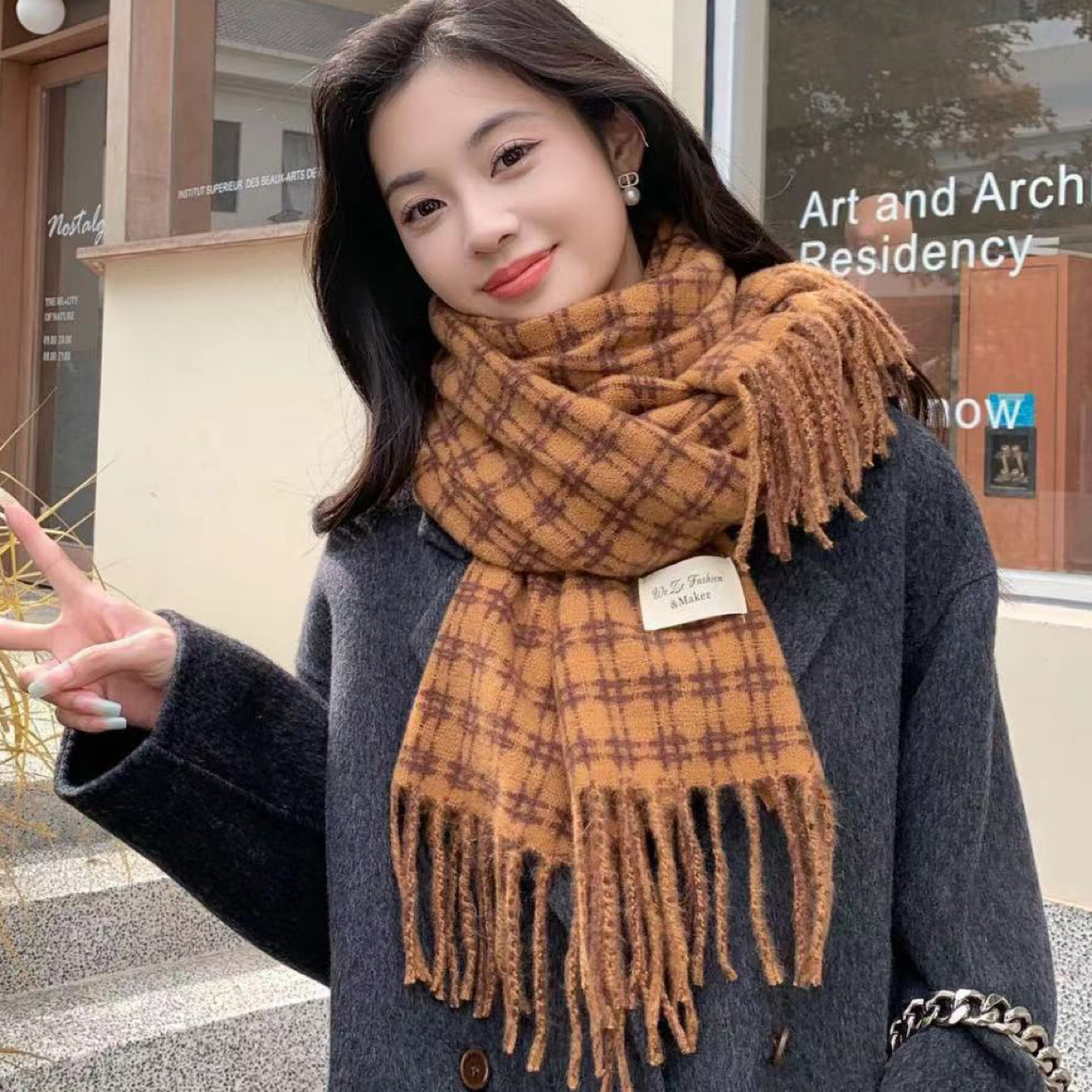 8色/井字格子双面羊绒围巾秋冬保暖情侣百搭男女通用披肩