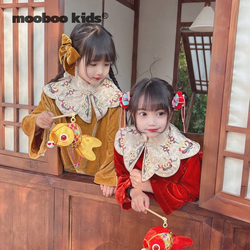 墨宝童装_新年新中式国风长款娃娃衫+古风直筒裤+古风刺绣云肩