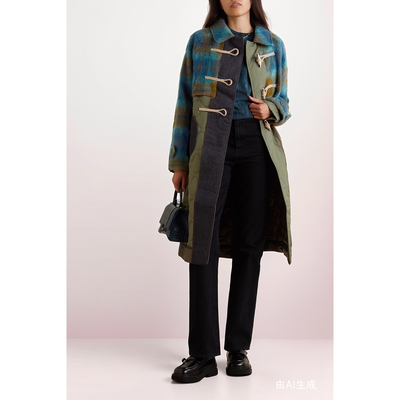 [折扣]Andersson Bell 女牛仔布边饰格子布风衣