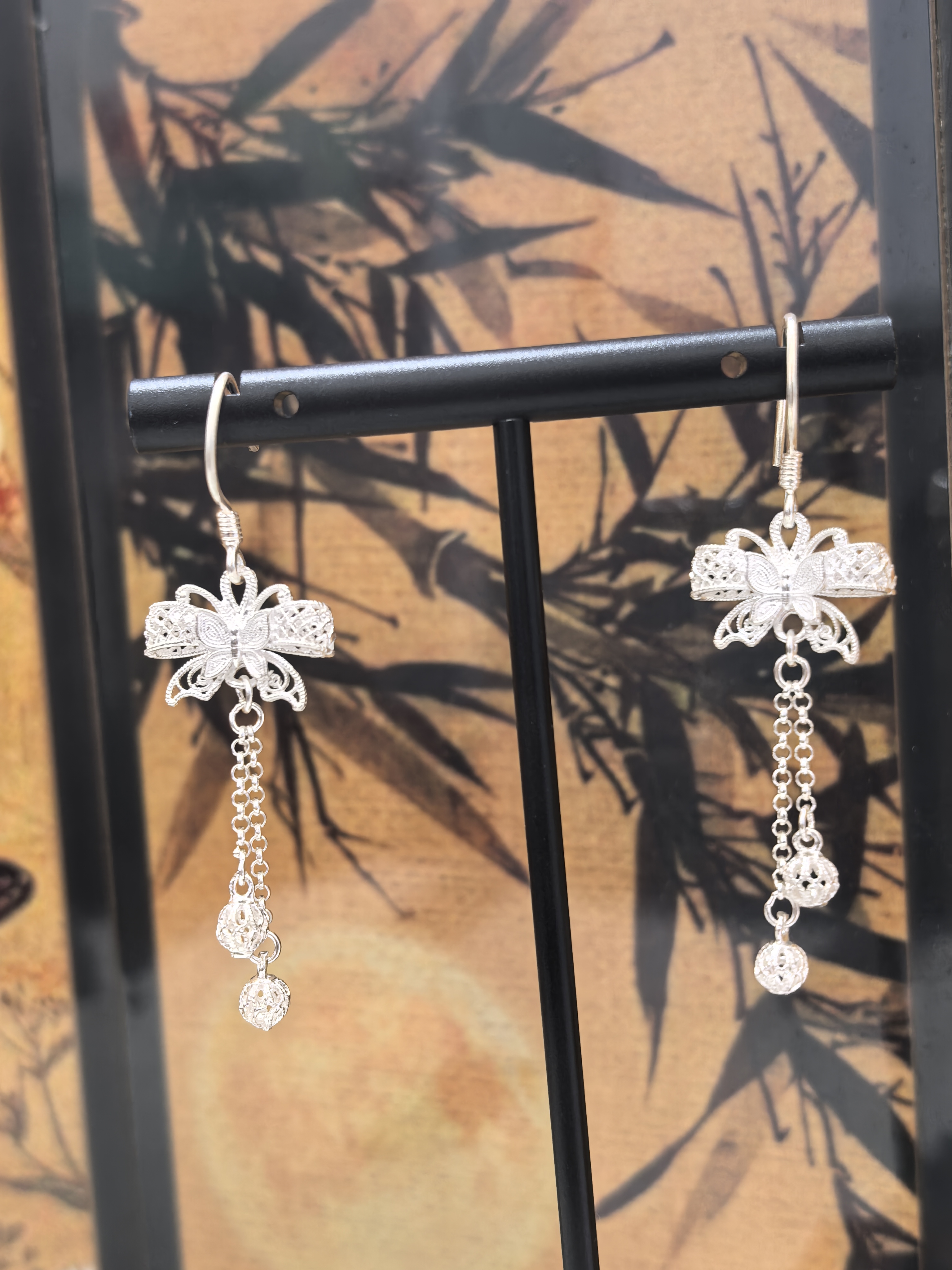 足银耳饰 耳饰 990蝴蝶流苏民族风长款耳环女气质百搭