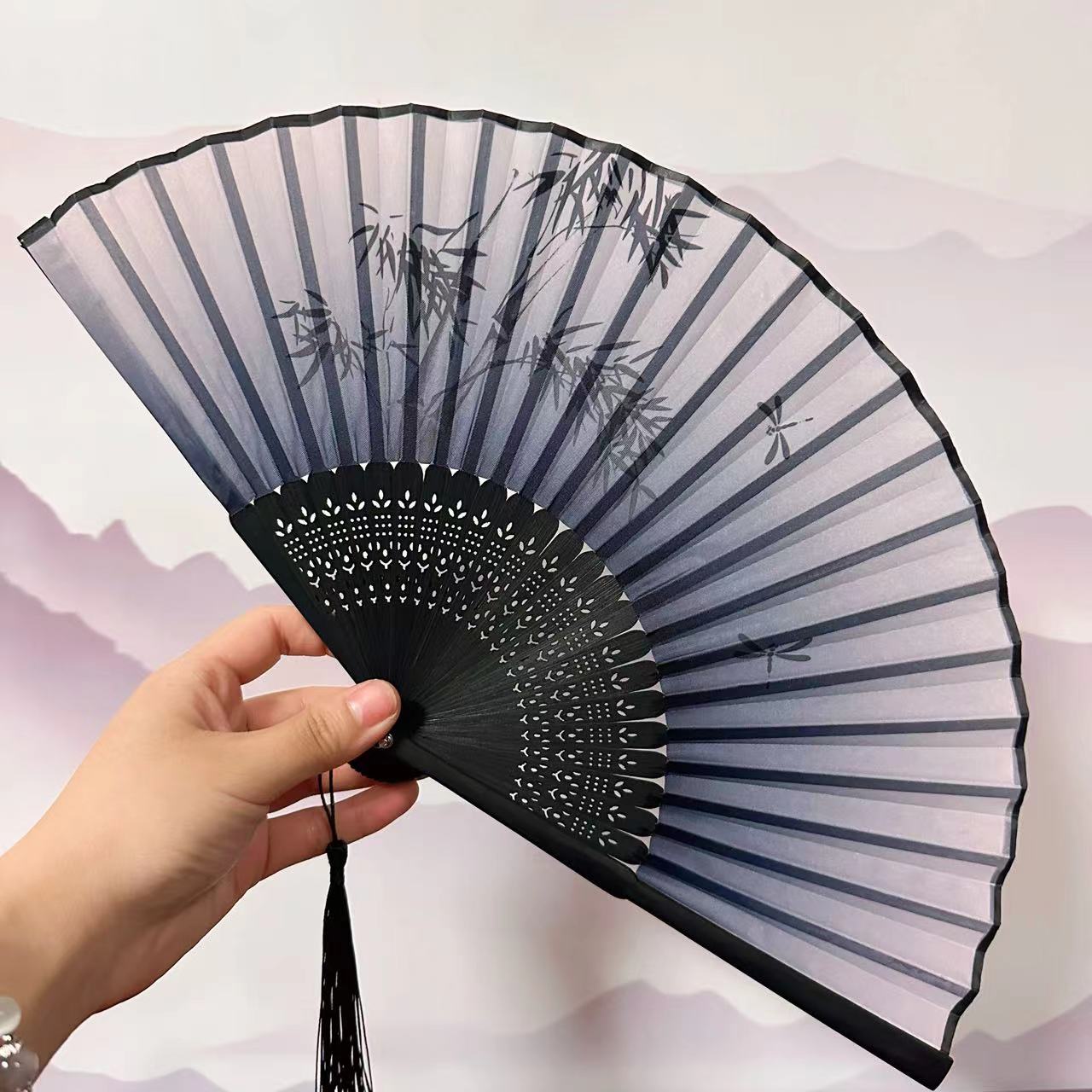 黑白雅竹子竹片印花折扇春晚爆款精工密雕竹子旅游穿搭居家摆件
