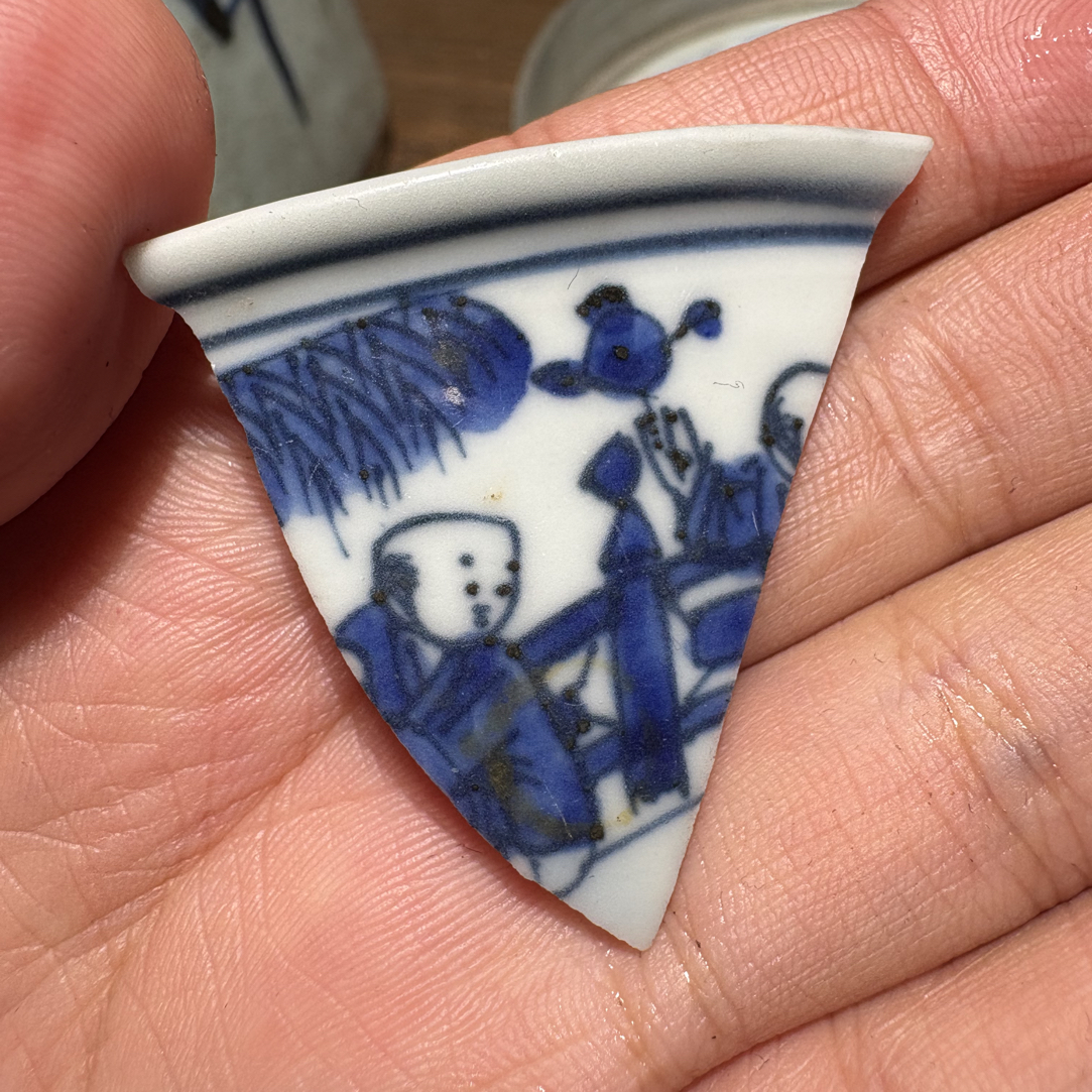 M嘉官青花（回青料）婴戏人物瓷片标本学习收藏顺丰包邮手工手绘