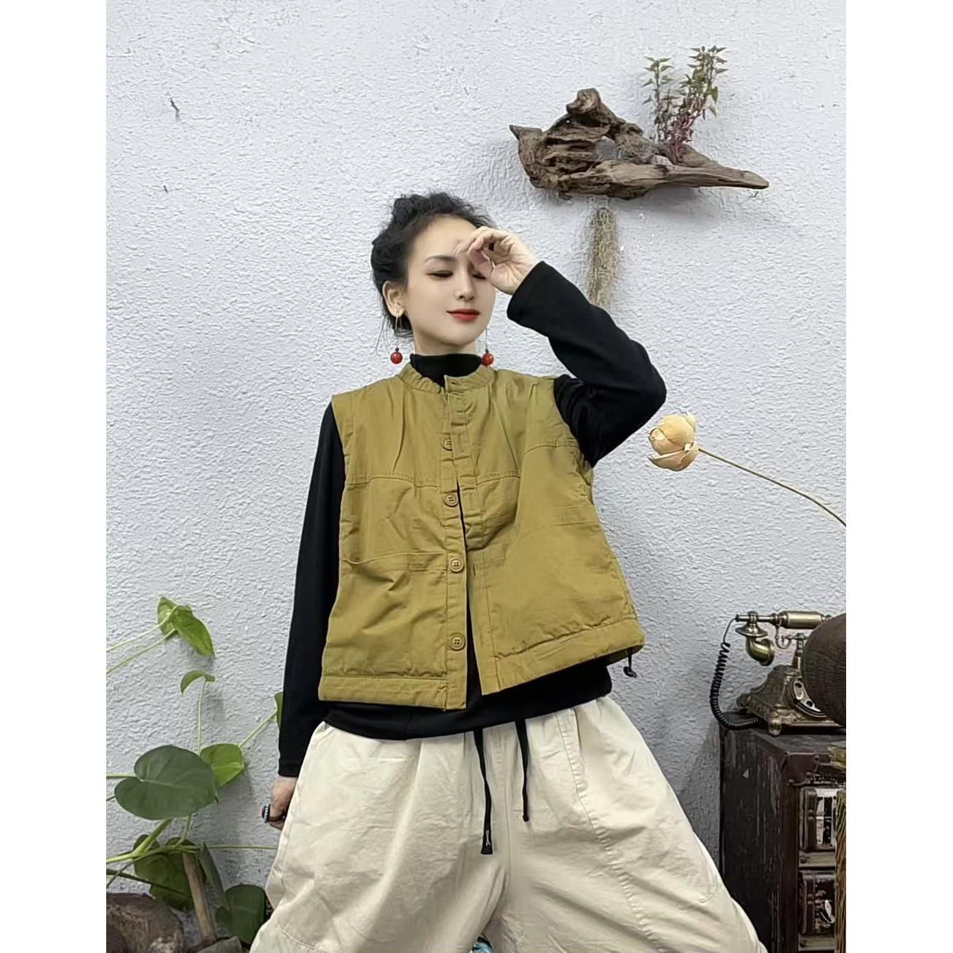 6071棉竖压圆领开扣开衫水洗棉棉马甲（长53胸围128