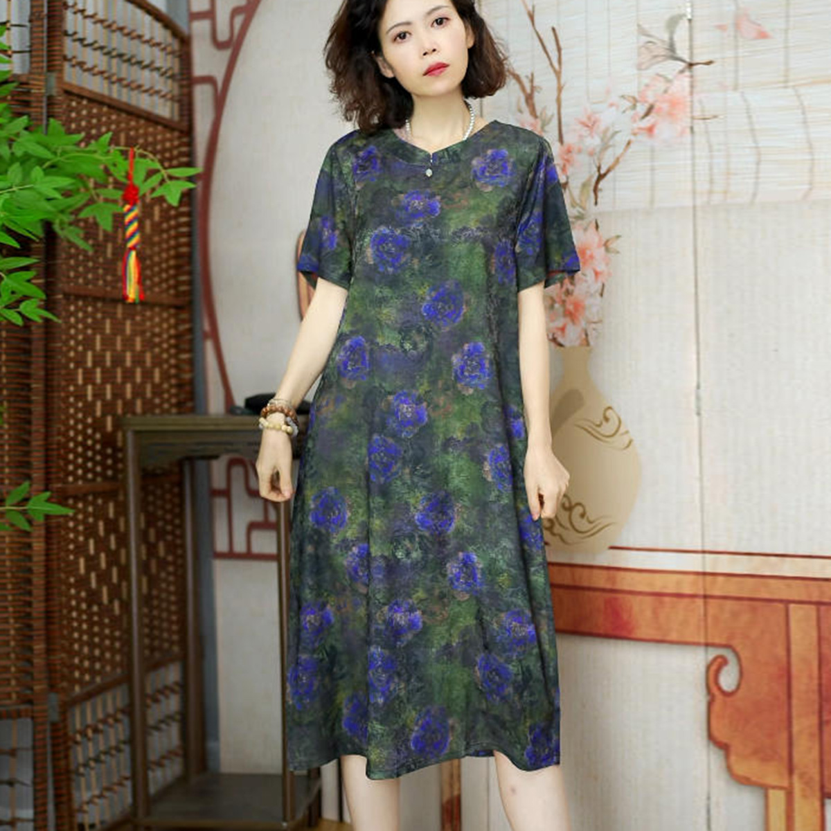 217 水紫花朵 女装连衣裙春秋季提花裙子九分袖大码显瘦气质时尚