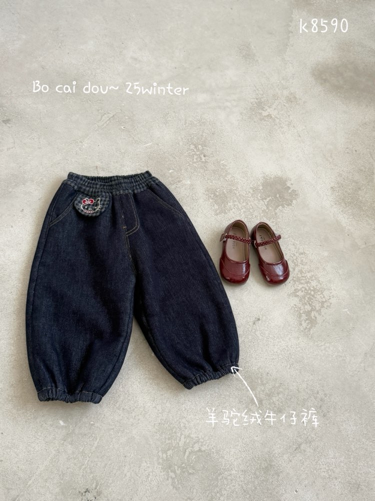 {花卷卷}2025冬款羊驼绒猫咪刺绣耳朵束脚女童牛仔裤8590