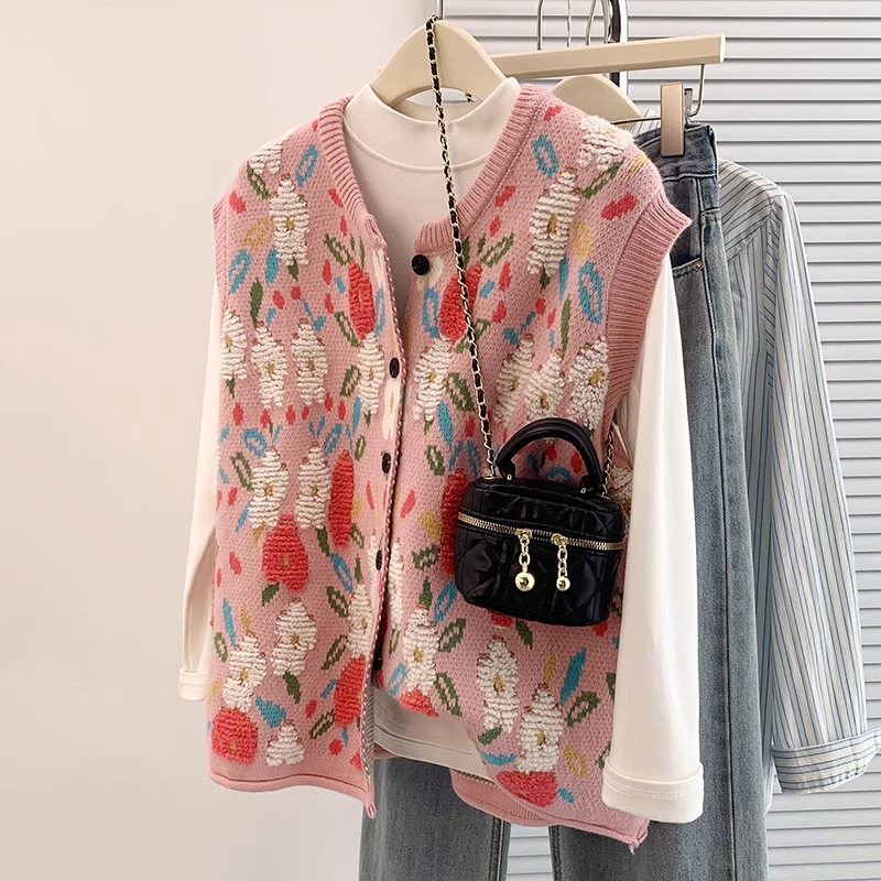 慵懒风粉色提花针织马甲女秋季新款大码胖MM叠穿毛衣无袖背心上衣