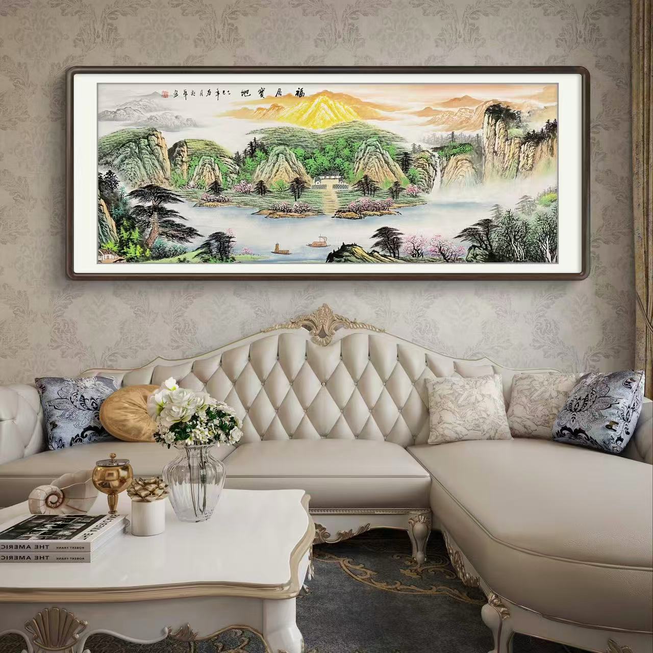 《福居宝地》纯手绘六尺横幅青绿山水客厅国画挂画作品文玩探宝