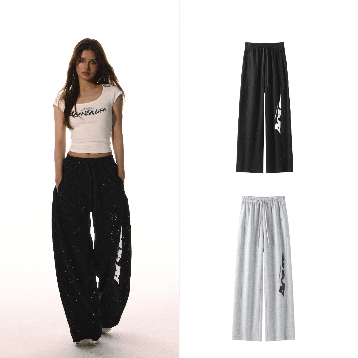 ACMEAURA 美式复古简约百搭显瘦垂坠感亮钻舒适夏季女阔腿裤