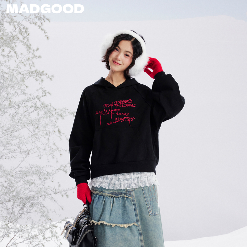 madgood马得工地日系中性休闲百搭流苏绣连帽卫衣MDGDWY141597