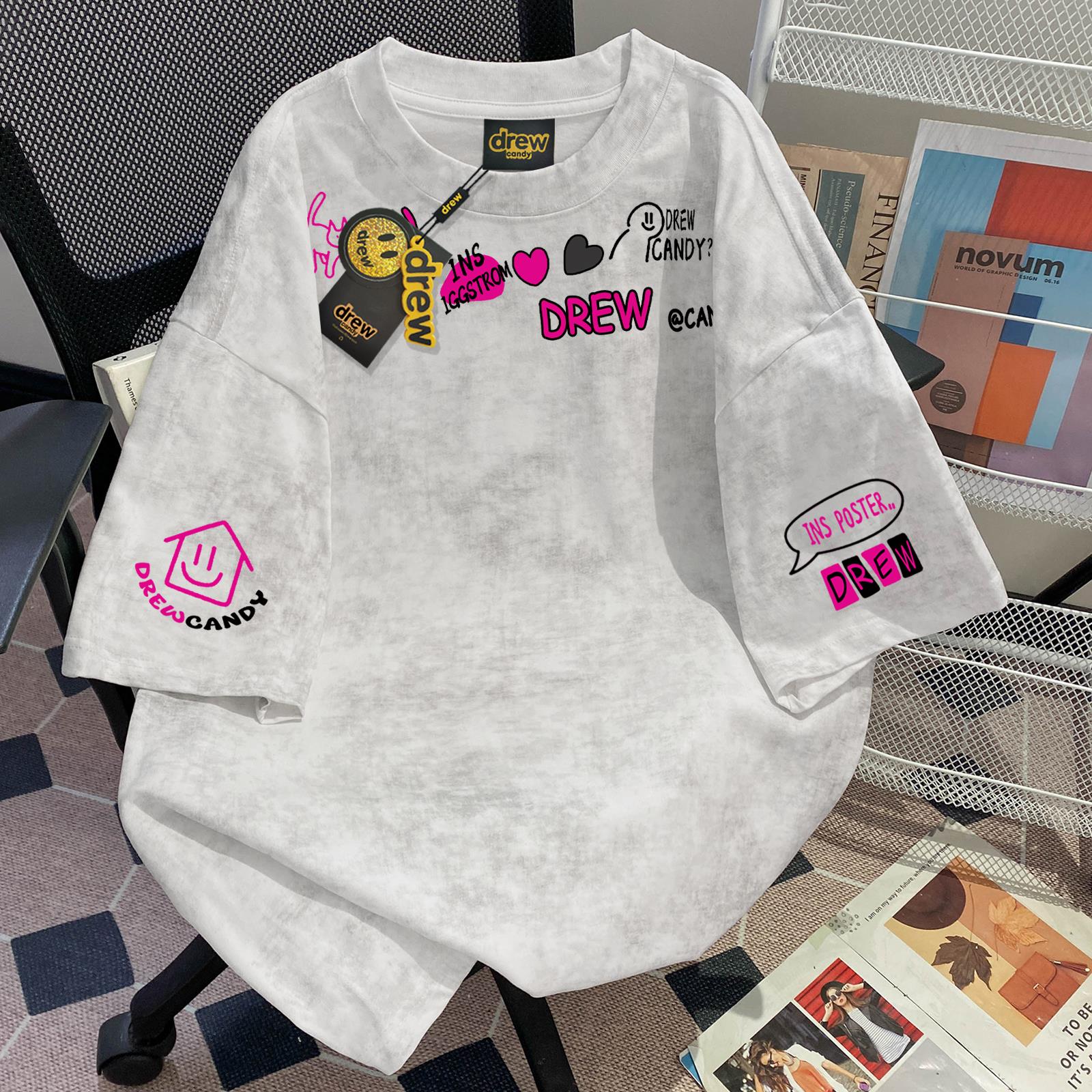 drew扎染短袖T恤男女夏2025美式国潮牌套装女装秋冬装秋季内搭