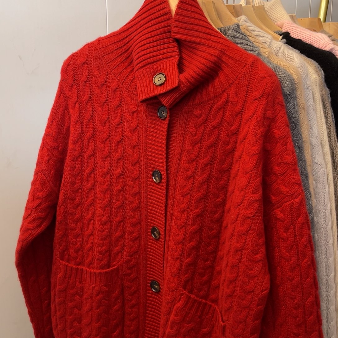 高领 麻花 羊绒 开衫TC 