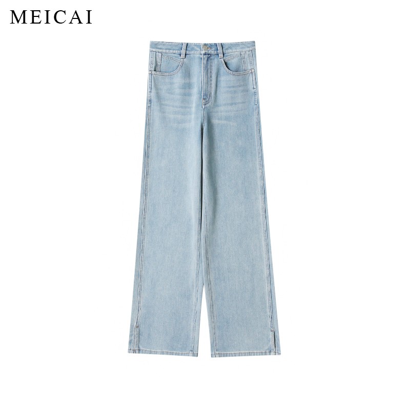 美裁 新款 果冻弹柔软极简时髦修腿显瘦侧开衩直筒牛仔裤