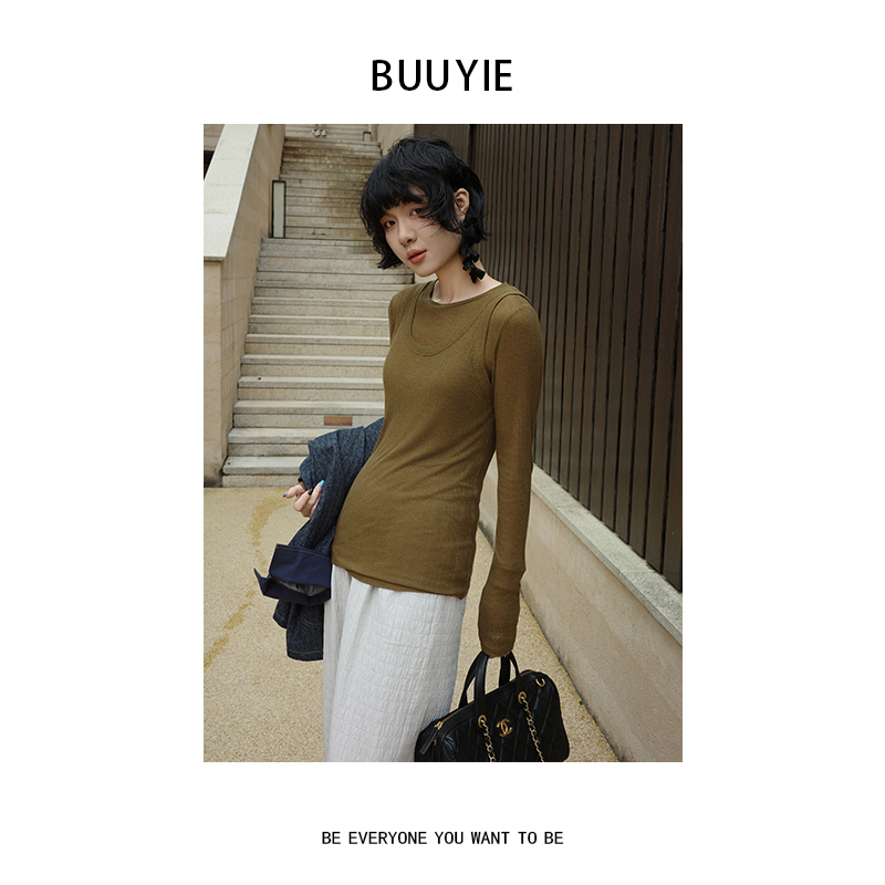 BUUYIE 25SS【幽篁】真两件背心+T恤高级感长打底衫修身 250974