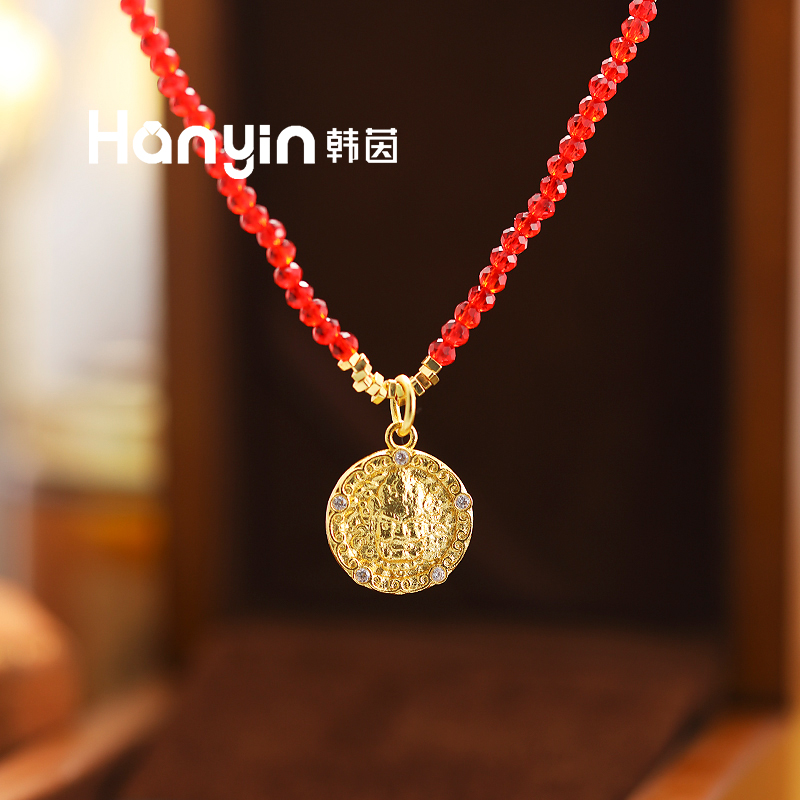 3mm红尖晶黄财神圆牌碎银几两钱多多项链