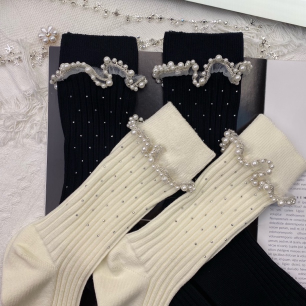 春季新夸张珍珠花边烫钻中高筒袜甜美风公主风高级感女袜