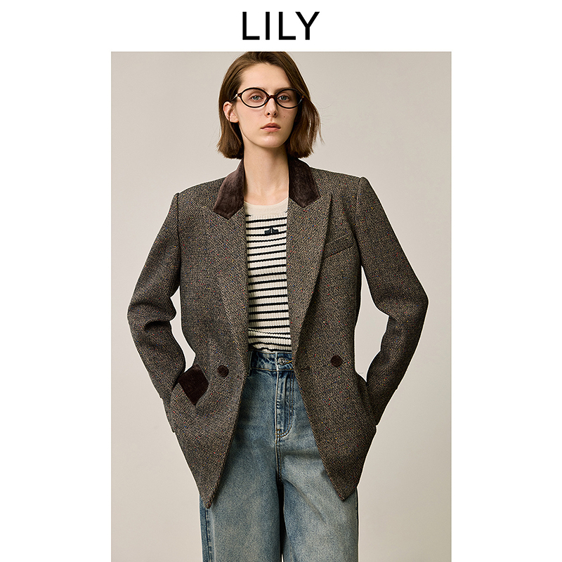 LILY2025冬新款含羊毛复古美拉德气质通勤西装外套女125409C2914