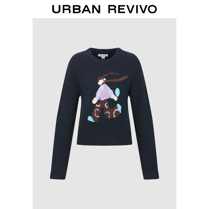 UR2025冬季新款女装休闲趣味图案圆领短款针织衫UYL950282