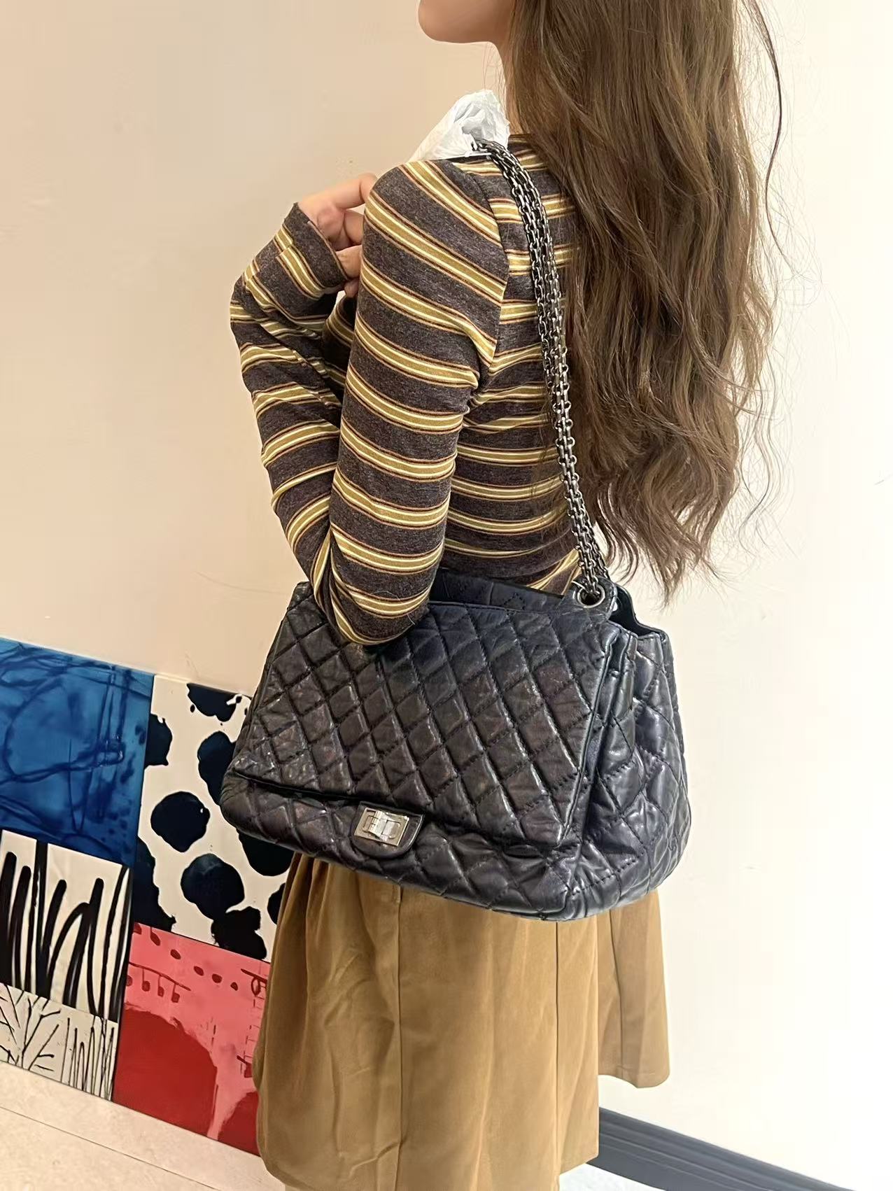 95新 Chanel/香奈儿 2.55黑银中号/单肩包