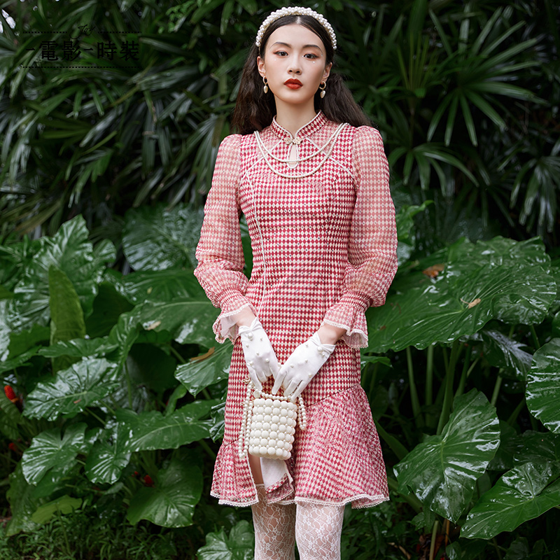 【蜜思仝】一电影一时装春季格纹显瘦修身长袖旗袍连衣裙FCJL141619