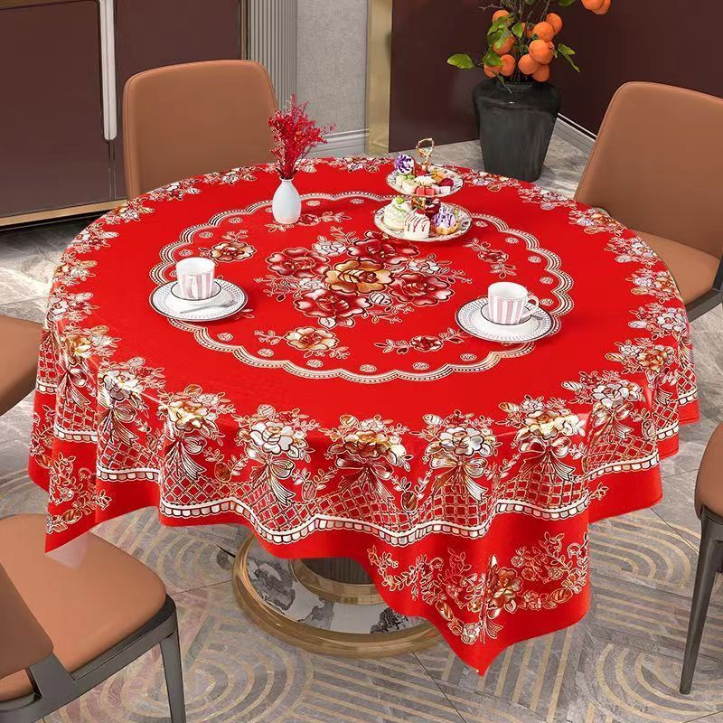 中式婚庆红色圆桌布防水防油防烫家用圆形餐桌布酒店免洗PVC台布