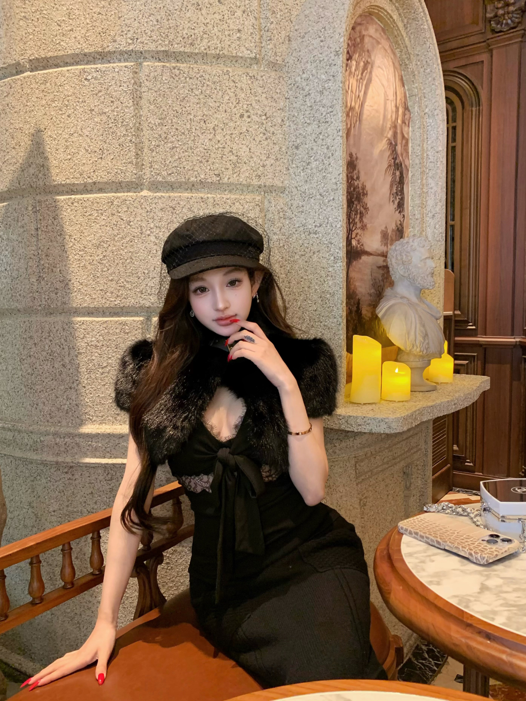 中古感环保皮草坎肩+蝴蝶结性感吊带+口袋勾边针织包臀半身裙套装