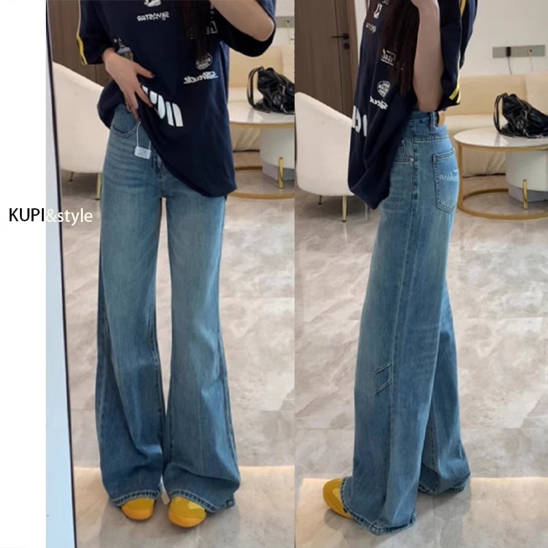 不贴腿微喇牛仔裤女2025夏季新款高腰宽松美式复古拖地阔腿裤子女