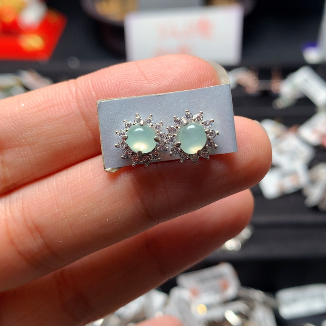 翡翠戒指银S925镶嵌耳钉