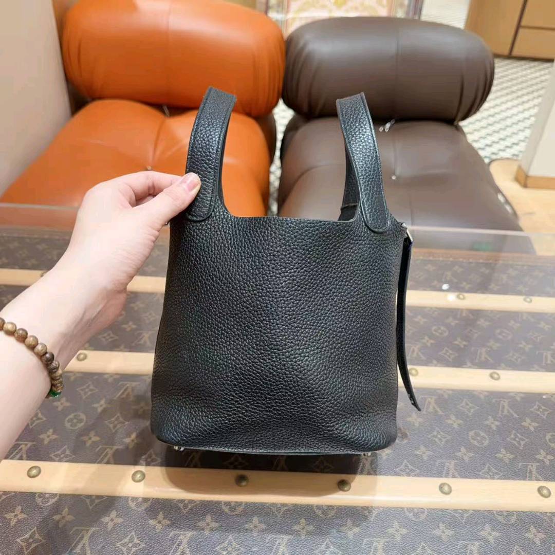 99新 Hermes/爱马仕 爱马仕/菜篮子水桶18 黑银 Tc皮 Y刻！现货好