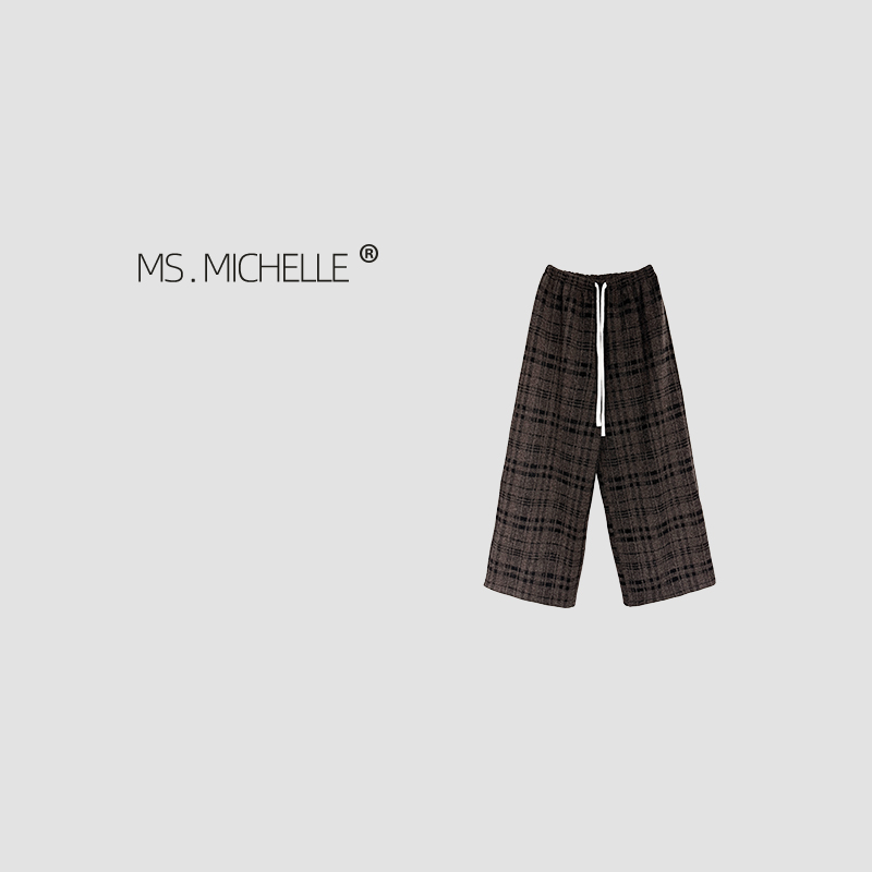 MS.MICHELLE 老钱风宽松百搭显瘦阔腿复古格子格纹毛呢裤5351-1
