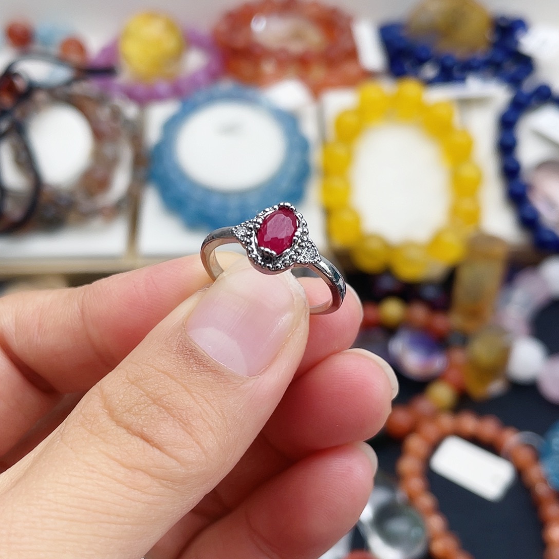 戒指银S925镶嵌烟晶