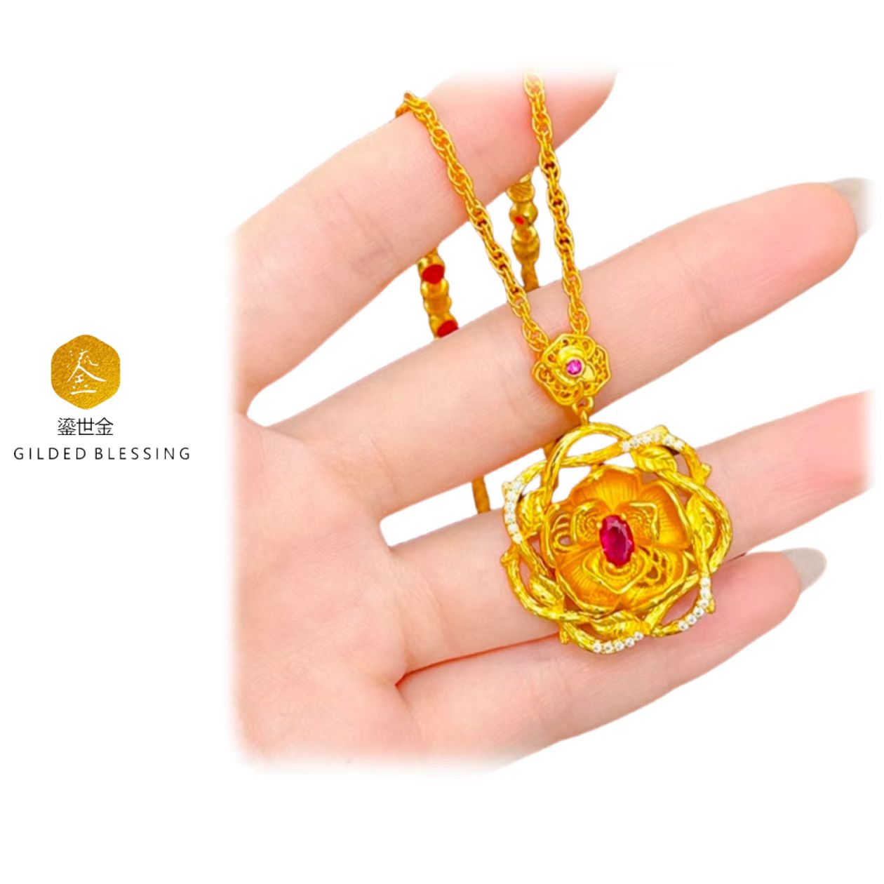 【唐糖甄选】鎏世金 微镶荆棘玫瑰项链花朵GO7131