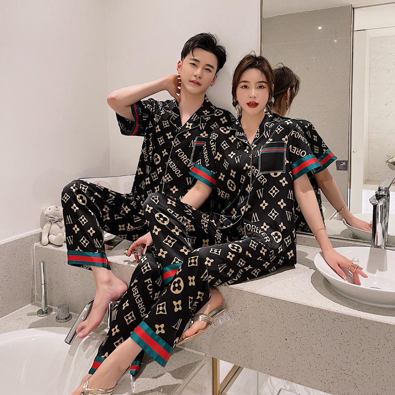 MM品奢高定黑金柔光软丝情侣睡衣女高级感三件套J家居服