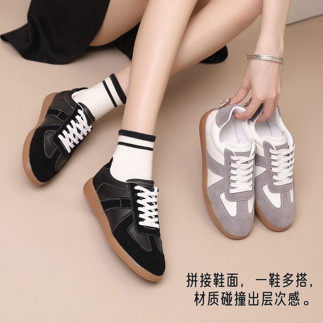 真皮德训鞋平跟四季新款女款拼色时尚系带休闲鞋耐磨透气舒适鞋子