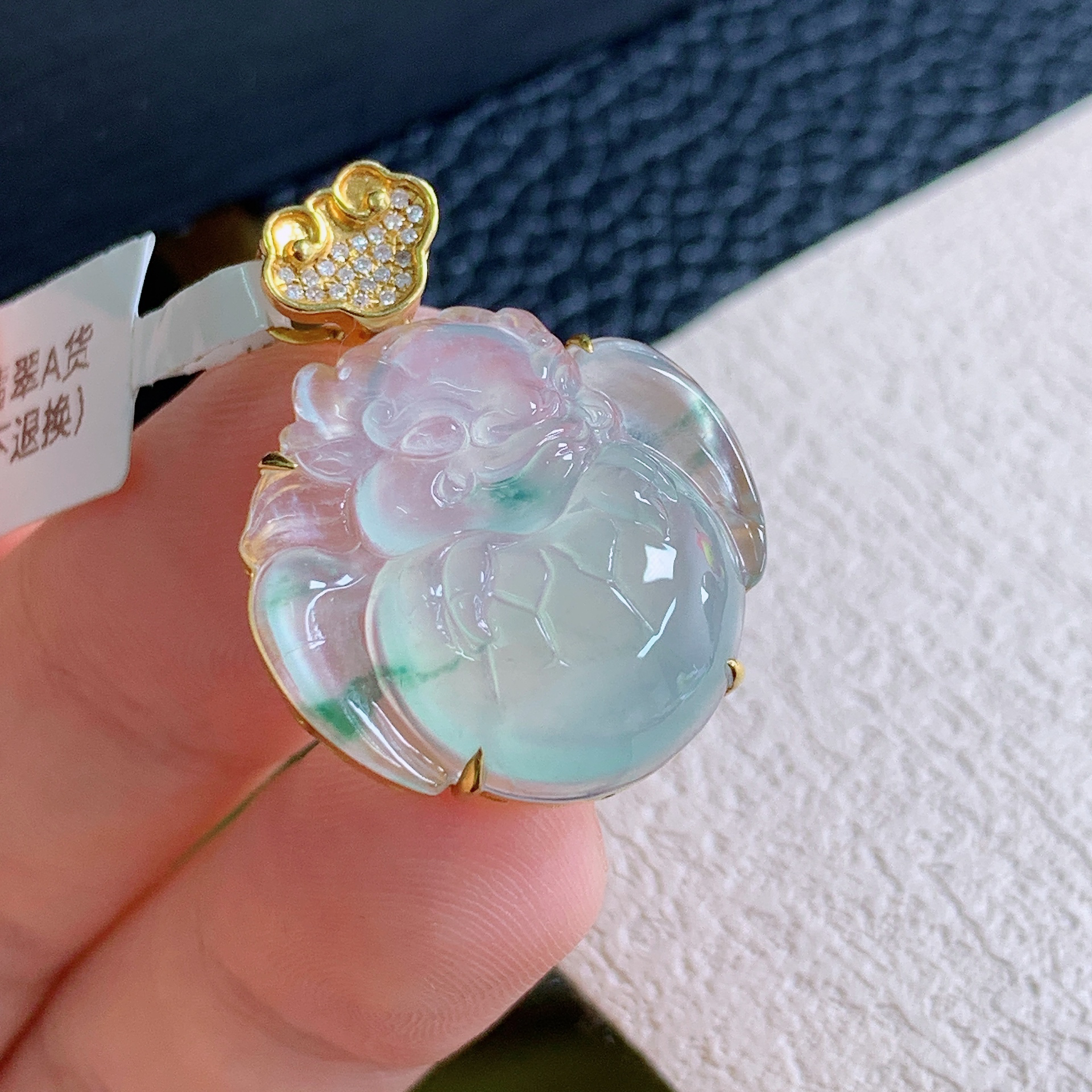 天然缅甸A货翡翠冰种飘花龙宝吊坠18k金镶嵌揭阳工艺精品时尚美玉