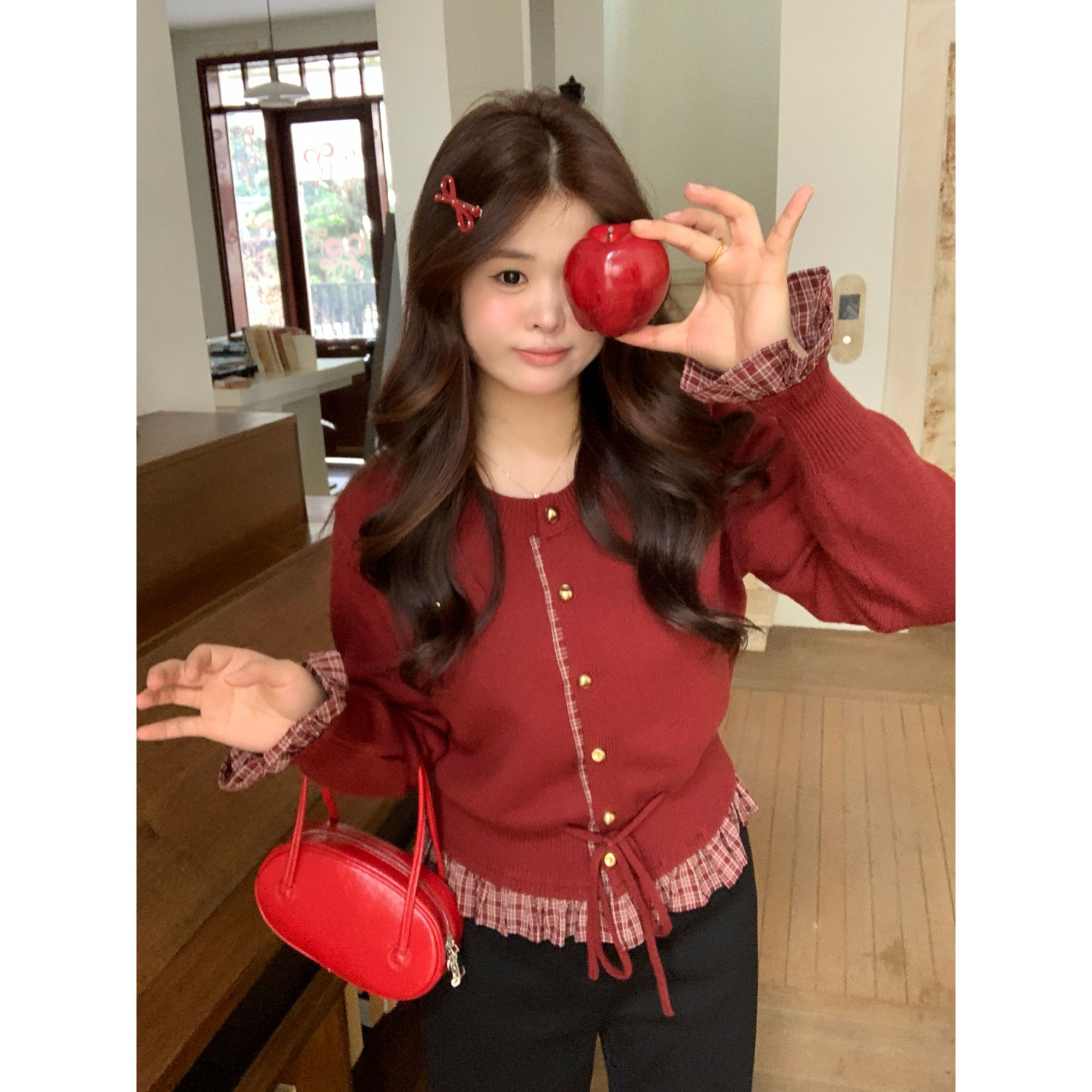 【芝芝车厘子】大头婷微胖色假两件针织开格子拼接毛衣 M2068