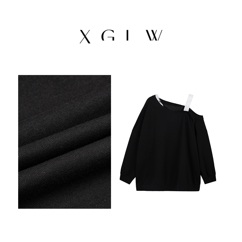 三分淡颜~胖MM大码显瘦长袖宽松露肩上衣卫衣P4T0030