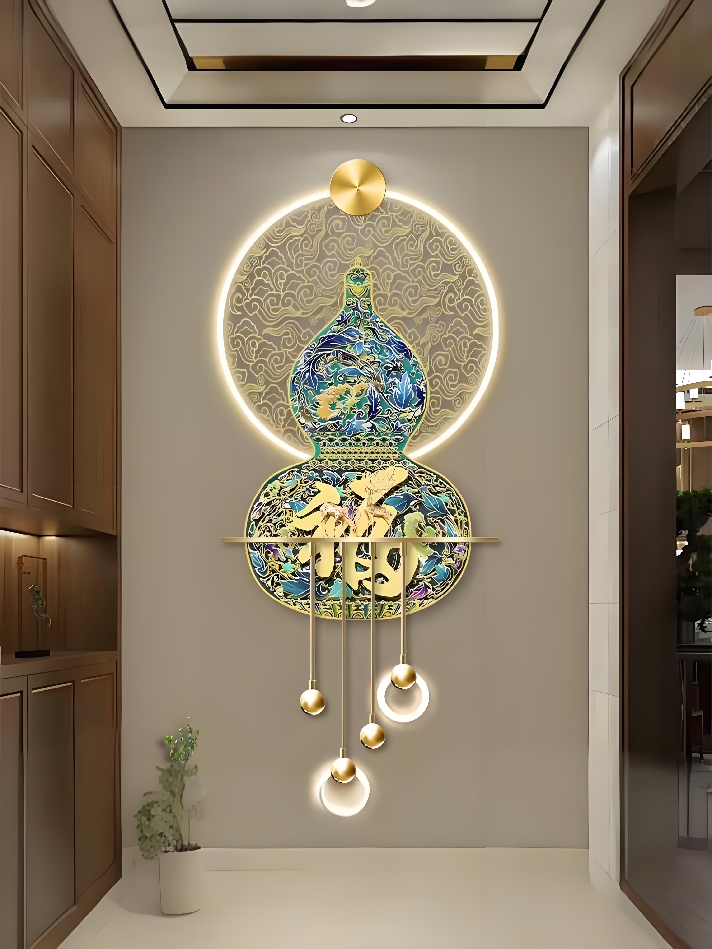 珐琅彩玄关装饰画高档立体壁画新中式入户正对门走廊过道挂画